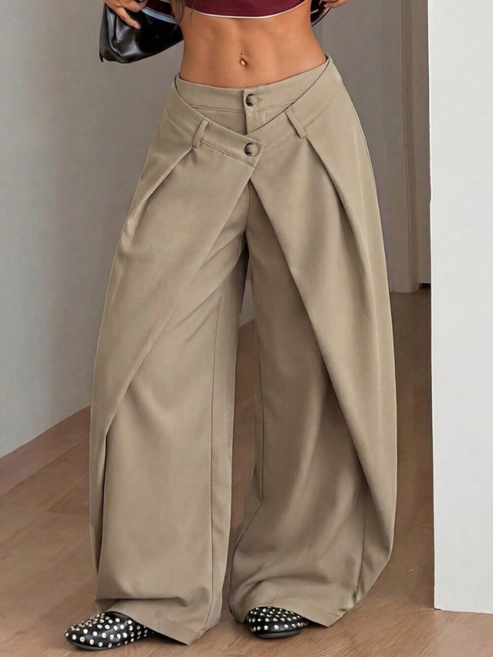 Khaki Casual Women's Woven Asymmetrical Wide Leg Pants - Picture 3 of 7